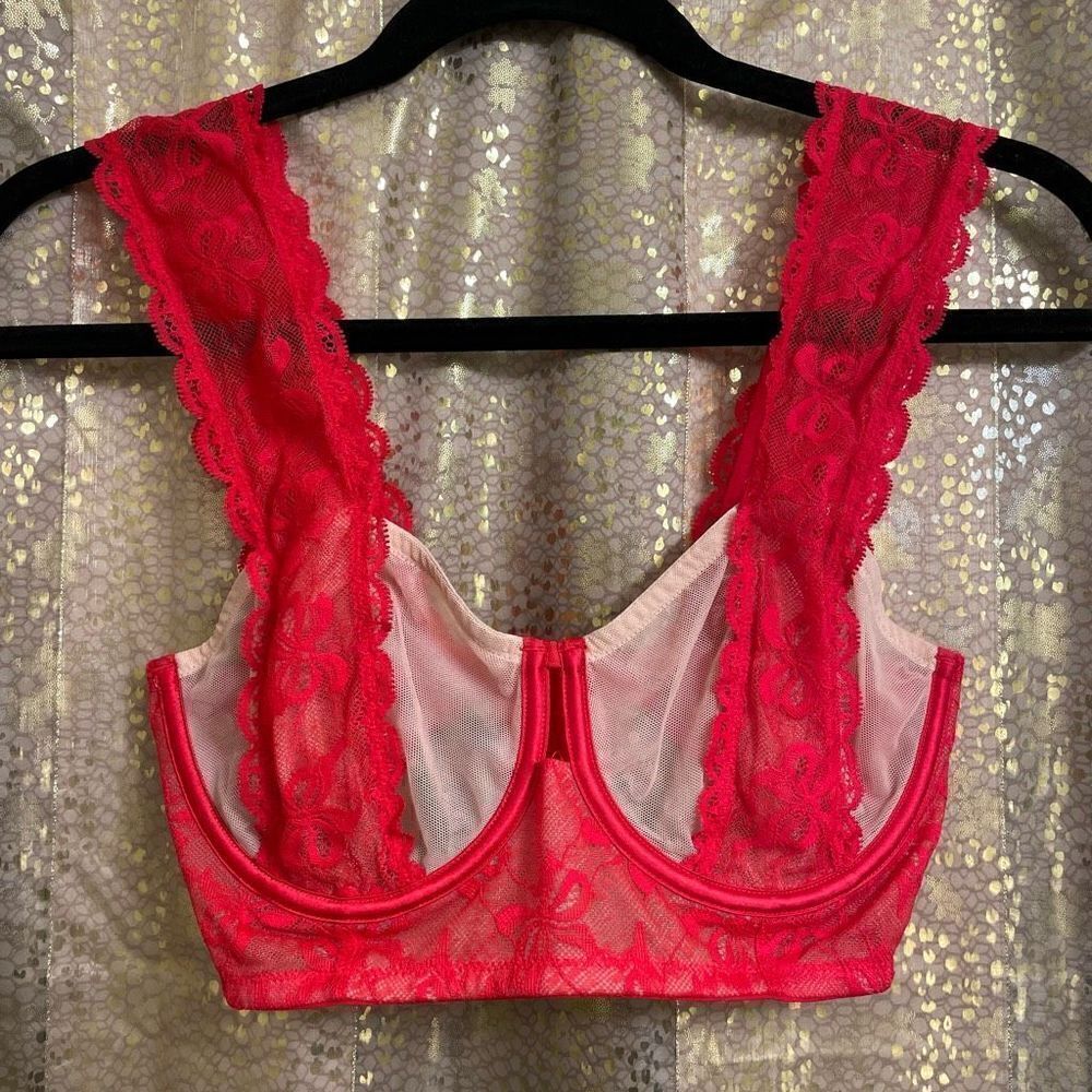 Victorias Secret Red lace Very Sexy Balconette Unlined Mesh Bra, 32DD